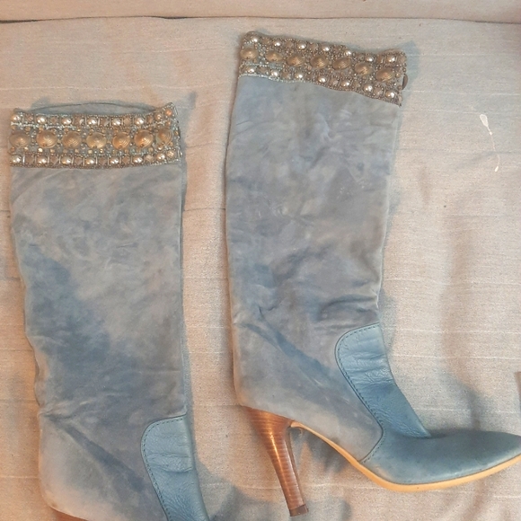 Baby Blue Suede and Beadwork Guiseppe Zanotti Heel Boots - Picture 2 of 6